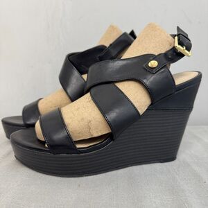 Marc Fisher Black Leather Platform Wedge Sandals Women’s Size 10M